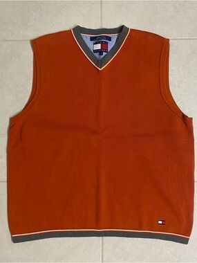 Tommy Hilfiger Men's Rust Orange V-Neck Sweater Vest with Contrast Trim